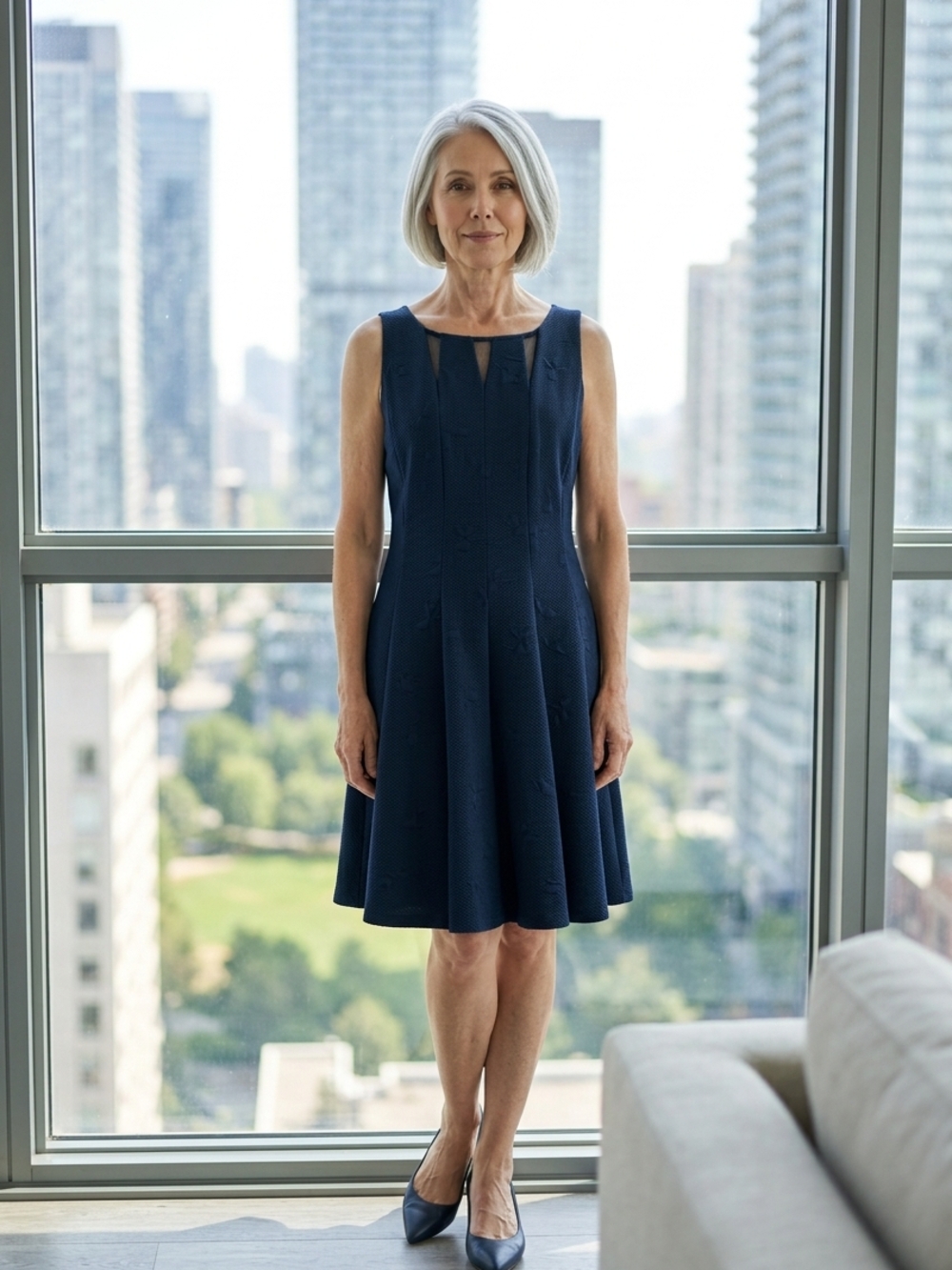 Roz & Ali Navy Sleeveless Midi Dress with Mesh Cutout Accents